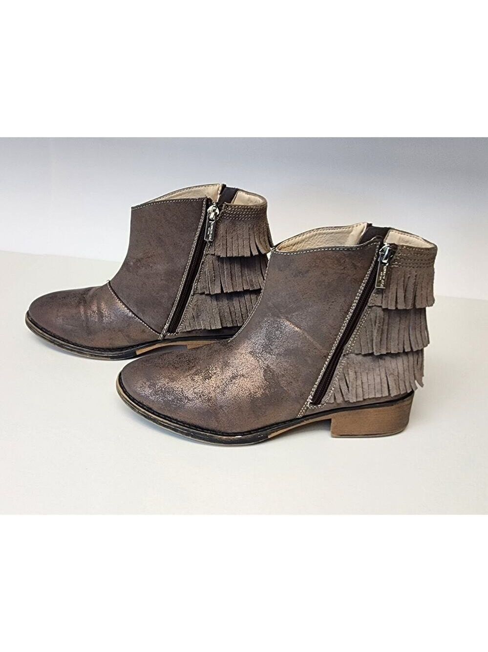 Kenneth Cole Downtown Girl Bronze Synthetic & Leather Fringe Ankle Boots 5 - Picture 6 of 10